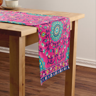 Vibrant Pink Moroccan Boho Floral Tapestry Short Table Runner