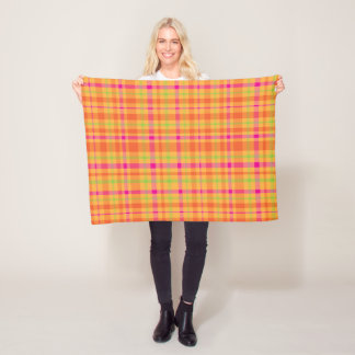 Vibrant Pink, Orange, and Green Plaid Fleece Blanket