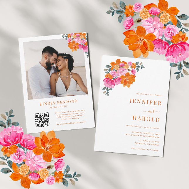 Vibrant Pink & Orange Floral Garden Photo Wedding Invitation (Creator Uploaded)
