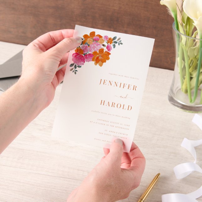 Vibrant Pink & Orange Floral Garden Wedding Vellum Invitations (Handheld)