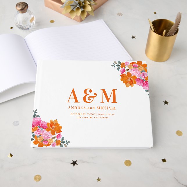 Vibrant Pink & Orange Floral Monogram Wedding Guest Book (Front Open)