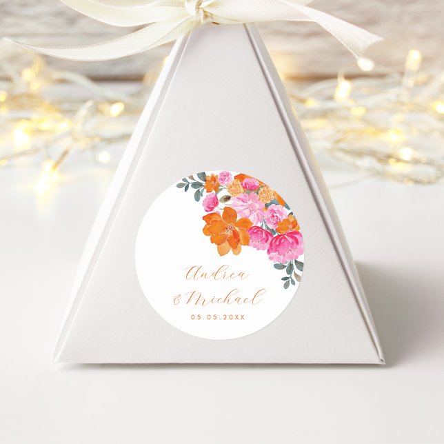 Vibrant Pink Orange Floral Summer Custom Wedding Classic Round Sticker (Creator Uploaded)