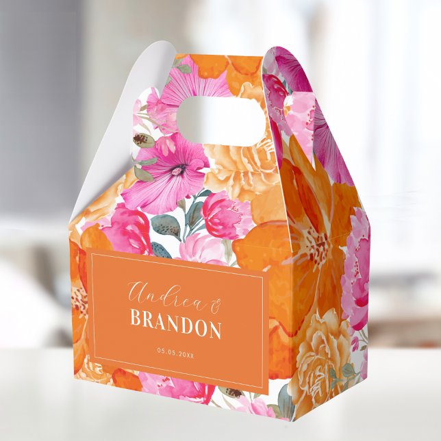 Vibrant Pink & Orange Garden Floral Names Wedding Favour Box (Creator Uploaded)