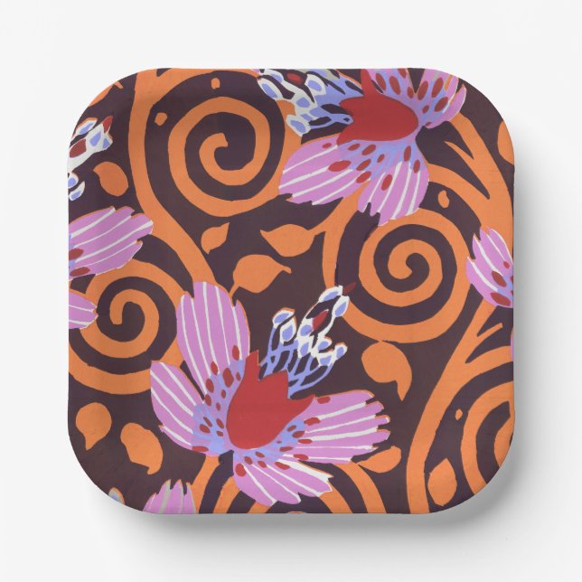 Vibrant Pink & Orange Swirl Art Deco Flower Paper Plate (Front)
