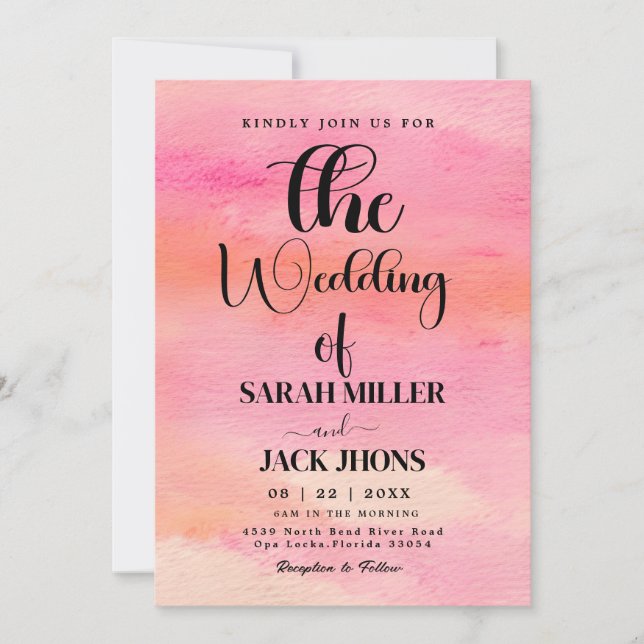 Vibrant Pink & Orange Watercolor Wedding Invitatio Invitation (Front)