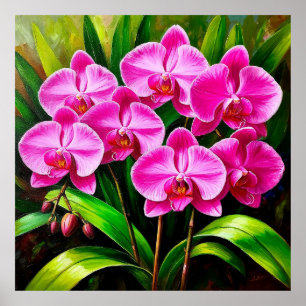 Vibrant Pink Orchids Surrounded by Lush Greenery Poster