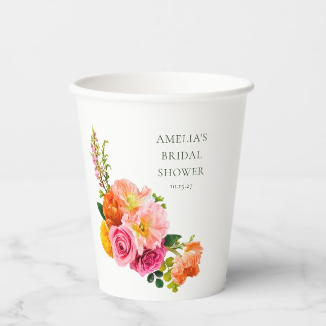 Vibrant Pink Poppies Floral Bloom Bridal Shower Paper Cups (Front)