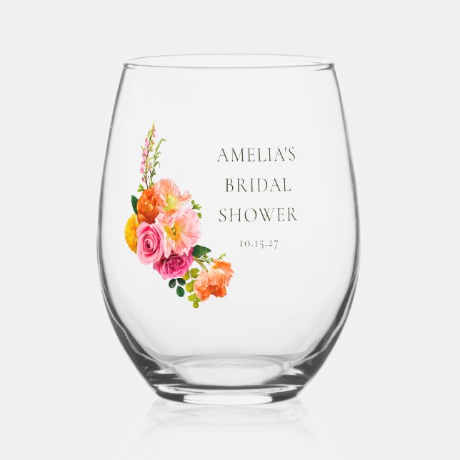 Vibrant Pink Poppies Floral Bloom Bridal Shower Stemless Wine Glass (Front)