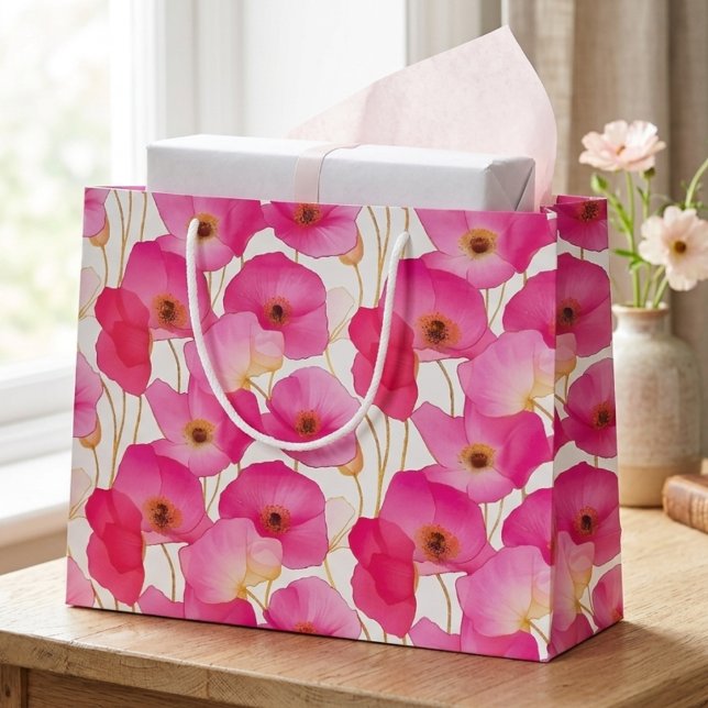 Vibrant Pink Poppy Floral Pattern Large Gift Bag (Bright pink poppy floral medium gift bag for a special friend's colorful summer birthday.)