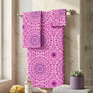 Vibrant Pink Purple and White Moroccan Pattern Bath Towel Set