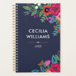 Vibrant Pink Purple Boho Bouquets Name Planner<br><div class="desc">Spiral planner printed with arrangements of hand-drawn flowers in pink,  purple,  and white against a dark blue background. Add your name and the year in white letters.</div>