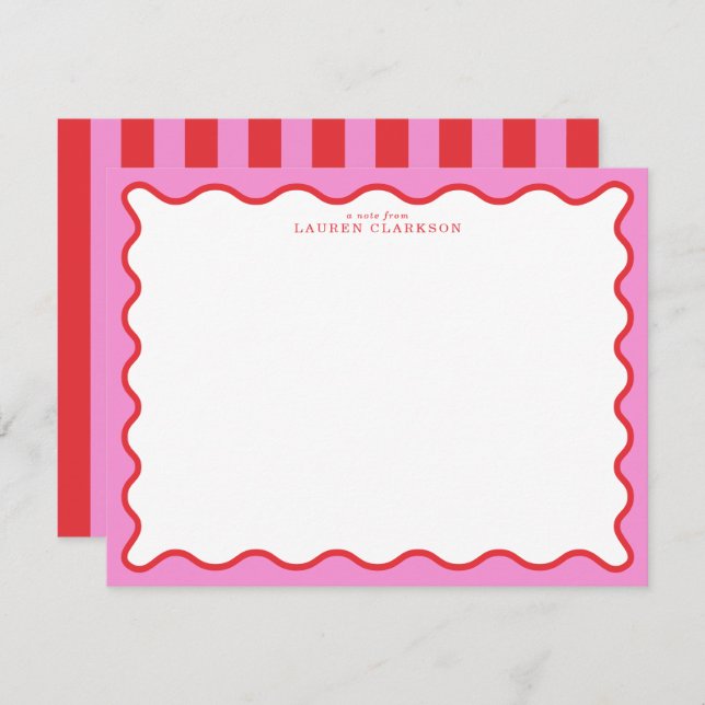 Vibrant Pink & Red Modern Wavy Border Note Card (Front/Back)