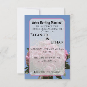 Vibrant Pink Rose Bouquet & Blue Sky Summer Invitation
