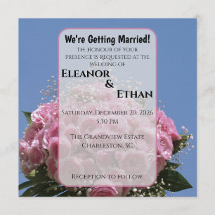 Vibrant Pink Rose Bouquet & Blue Sky Summer Invitation