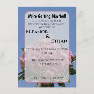 Vibrant Pink Rose Bouquet & Blue Sky Summer  Invitation