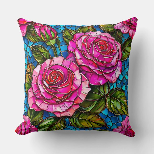 Vibrant Pink Rose With Floral Pattern Cushion (Front)