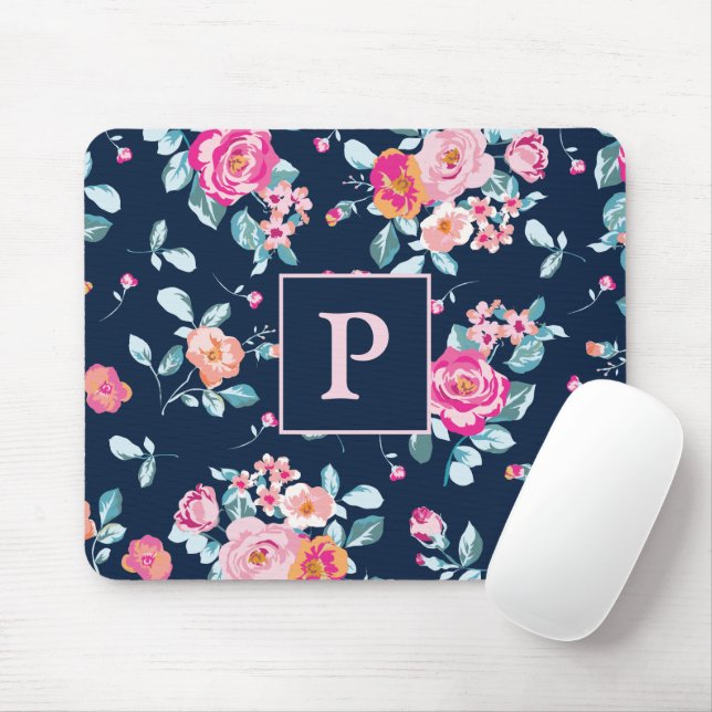 Vibrant Pink Roses Floral Monogram Mouse Mat (With Mouse)