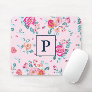 Vibrant Pink Roses Floral On Blush Monogram Mouse Mat