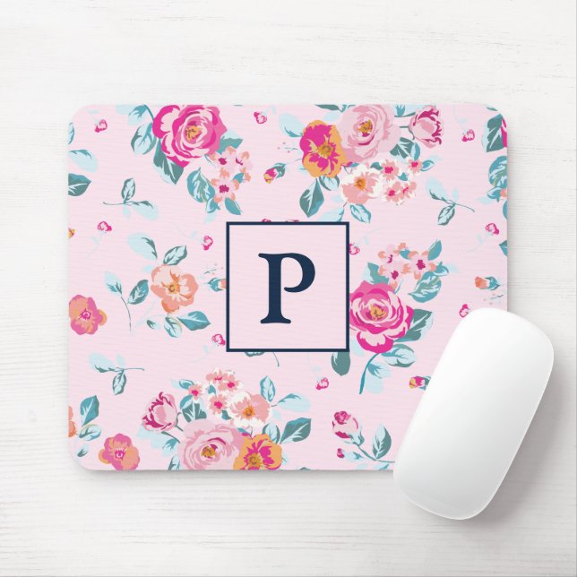 Vibrant Pink Roses Floral On Blush Monogram Mouse Mat (With Mouse)