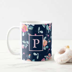 Vibrant Pink Roses Floral Pattern Monogram Coffee Mug