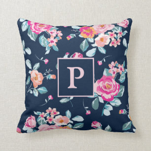 Vibrant Pink Roses Floral Pattern Monogram Cushion