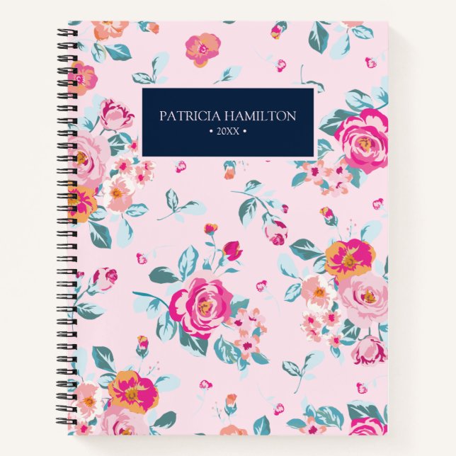 Vibrant Pink Roses Floral Pattern On Blush Notebook (Front)