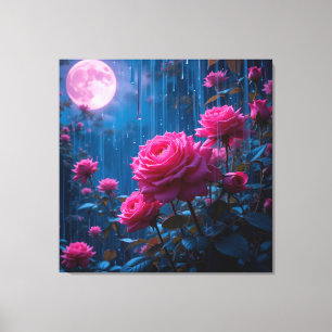 Vibrant Pink Roses in a Moonlit Rainy Garden Canvas Print