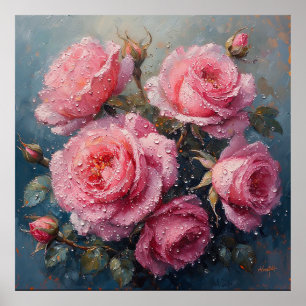 Vibrant Pink Roses with Dew Oil Painting Poster