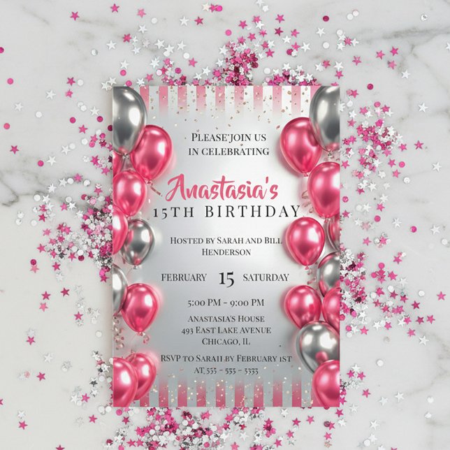 Vibrant Pink Silver Balloons Glitter 15th Birthday Invitation (Creator Uploaded)