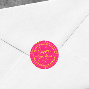 Vibrant Pink Starburst Script Happy New Year Classic Round Sticker