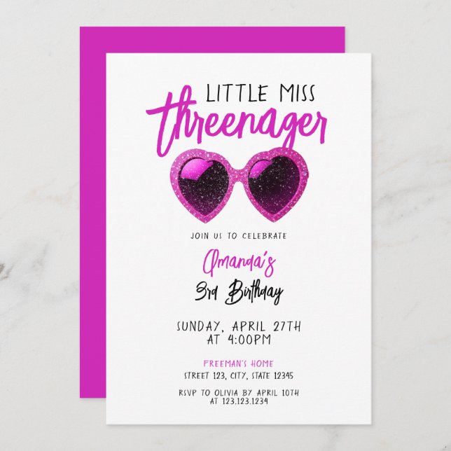 Vibrant Pink Sunglasses Threenager 3rd Birthday Invitation (Front/Back)