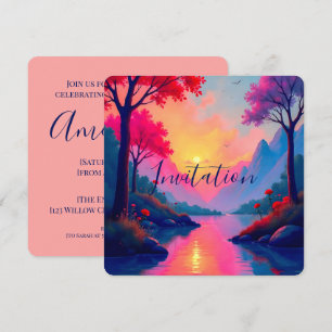 Vibrant Pink Sunset Dreamy Fantasy Landscape Invitation