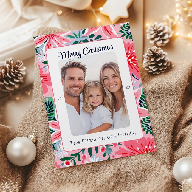 Vibrant Pink Tropical Christmas Floral Photo Holiday Card (Pink Tropical Floral Christmas Card)
