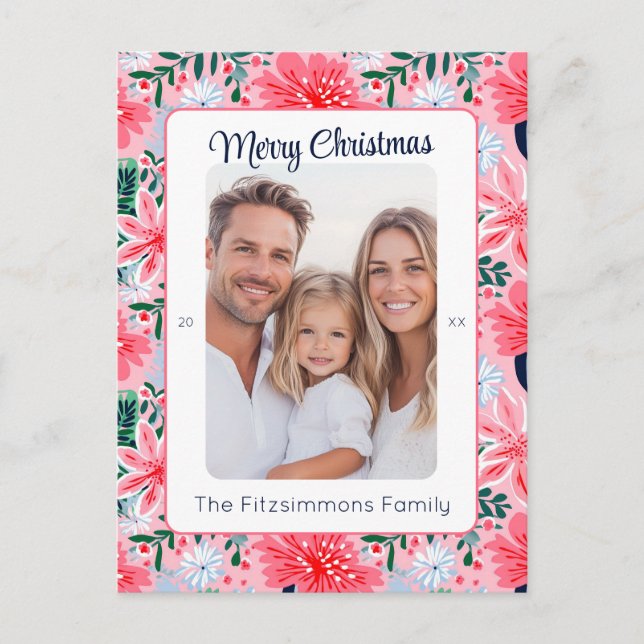 Vibrant Pink Tropical Christmas Photo Holiday Postcard (Front)