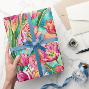 Vibrant Pink Tulip Watercolor Wrapping Paper