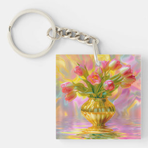 Vibrant Pink Tulips in Golden Vase Key Ring