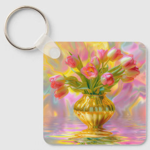 Vibrant Pink Tulips in Golden Vase Key Ring
