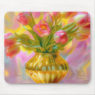 Vibrant Pink Tulips in Golden Vase Mouse Mat