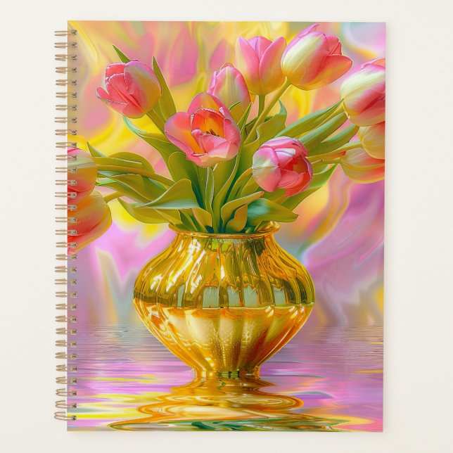 Vibrant Pink Tulips in Golden Vase Planner (Front)