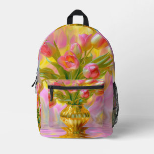 Vibrant Pink Tulips in Golden Vase Printed Backpack