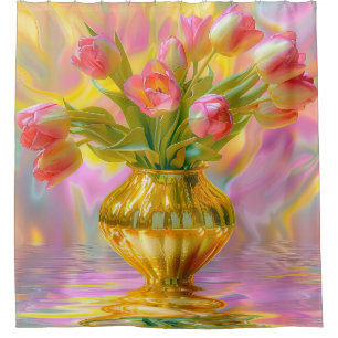 Vibrant Pink Tulips in Golden Vase Shower Curtain