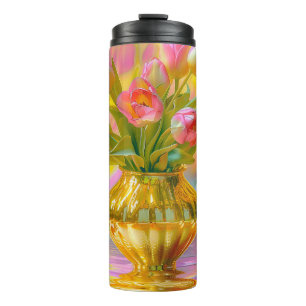Vibrant Pink Tulips in Golden Vase Thermal Tumbler