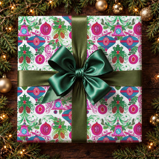 Vibrant Pink Turquoise Retro Christmas Ornaments Wrapping Paper
