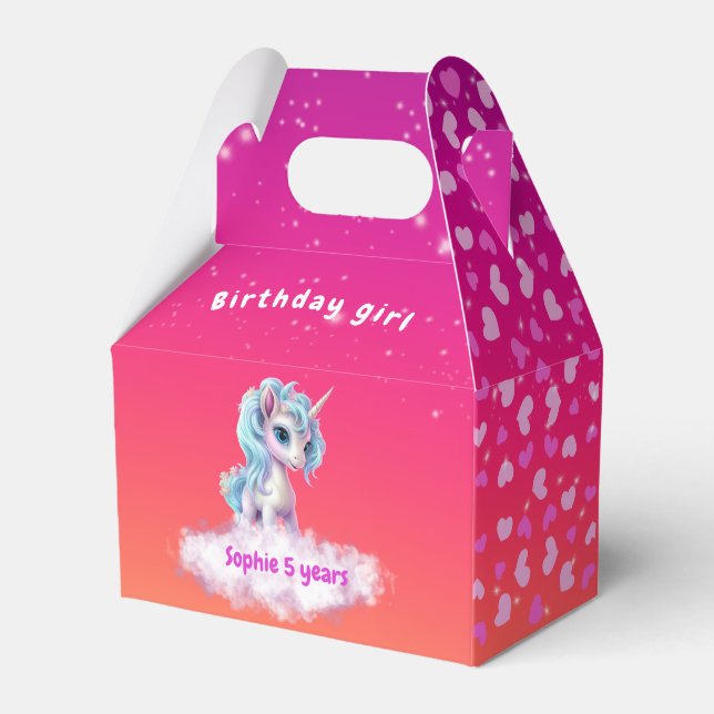 Vibrant pink Unicorn, hearts and stars Favour Box (Front Side)