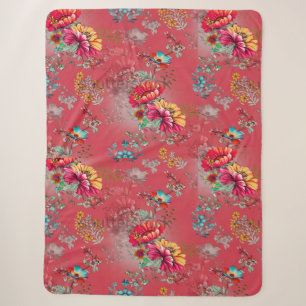 Vibrant Pink Vintage Floral Pattern Sherpa Blanket
