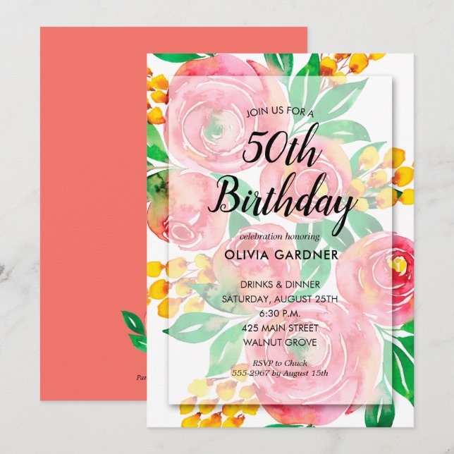 Vibrant Pink Watercolor Floral Birthday Invitation (Front/Back)