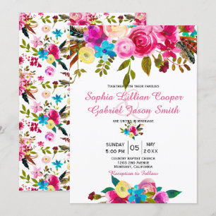 Vibrant Pink Watercolor Floral Typography Wedding Invitation