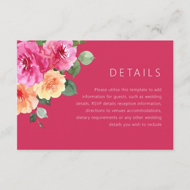 Vibrant Pink Watercolor Floral Wedding Details Enclosure Card (Front)