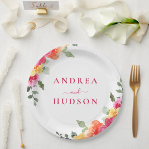Vibrant Pink Watercolor Floral Wedding Paper Plate