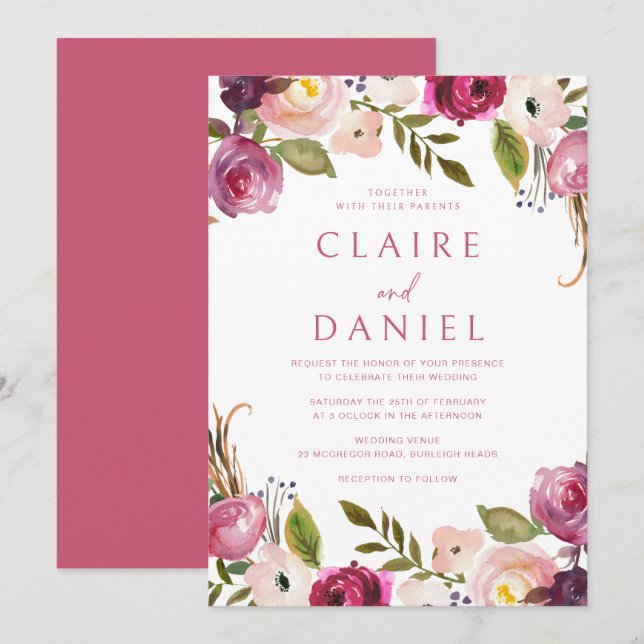 Vibrant Pink Watercolor Floral Wreath Wedding Invitation (Front/Back)